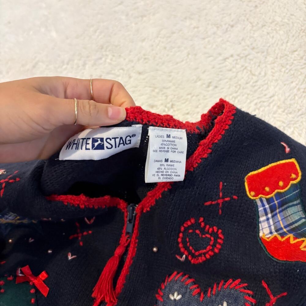 VTG Christmas Navy Women M Stocking Holiday 90s Retro Festive Cotton Embroidered - Picture 5 of 5